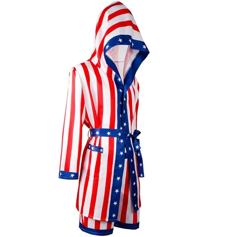 Boxeo con bandera americana para hombres y mujeres, Rocky Balboa para adultos, bata tipo bóxer de satén, pantalones cortos, cinturón para disfraz de Halloween, 5;c,8'z,6.k;