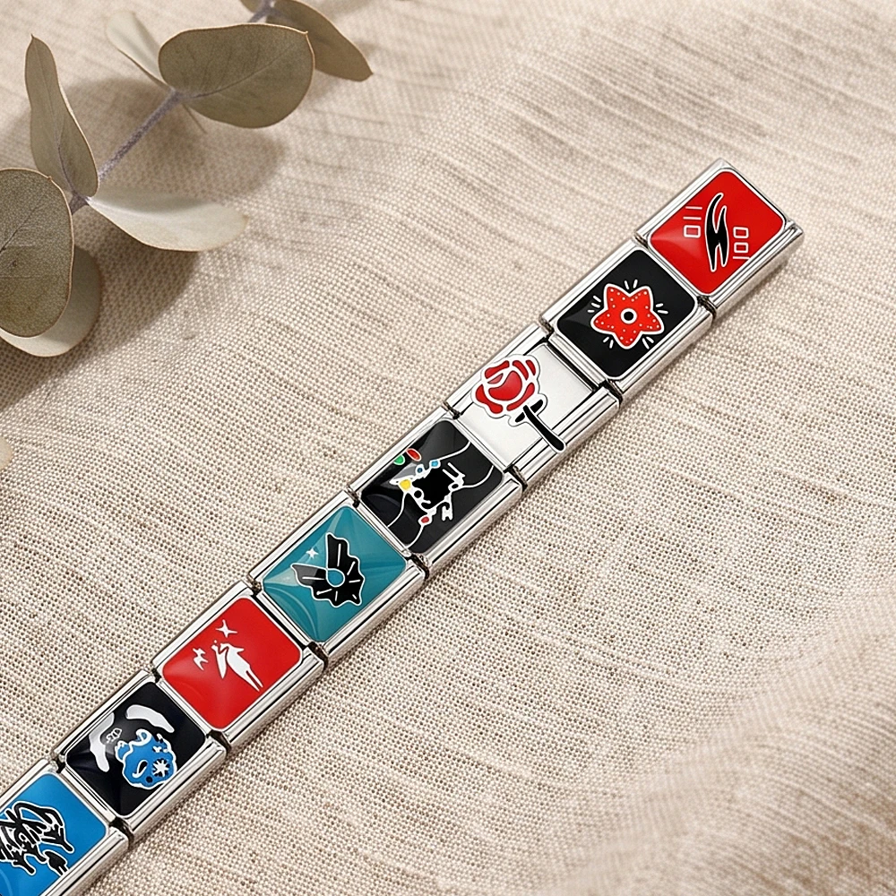 Modische Emaille-Italienische Charm-Verbindungsstücke für 9MM Edelstahl-Armbänder, Rose, Gitarre, Fledermaus, Stern, Baum, Mikrofon, DIY-Perlen-Schmuckherstellung – Detail 3