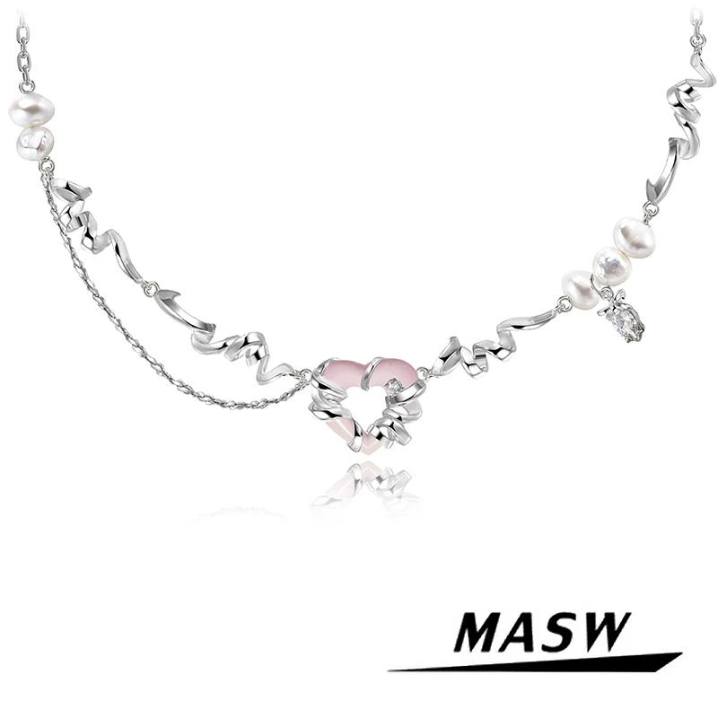 

MASW Original Design Sweet Brass Metallic Crystal Pink Heart Pendant Necklace For Women Girl Gift Fashion Jewelry Accessories