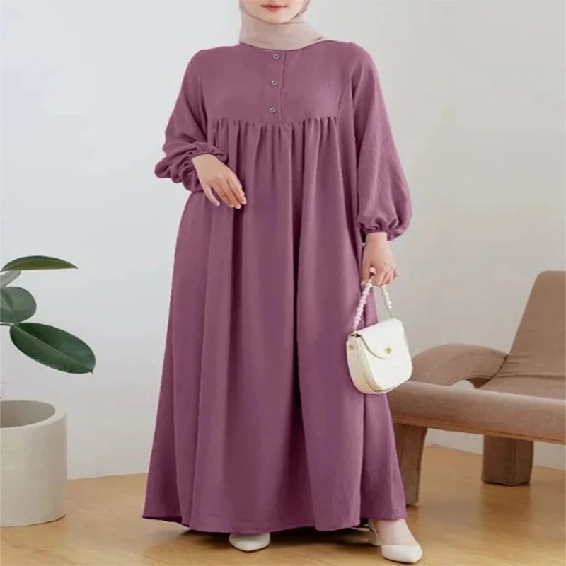 New Ramadan Islamic Arab Muslim Women's Robe Spring and Autumn Luxury Fashion Casual Bubble Sleeve Simple Solid Color Dress