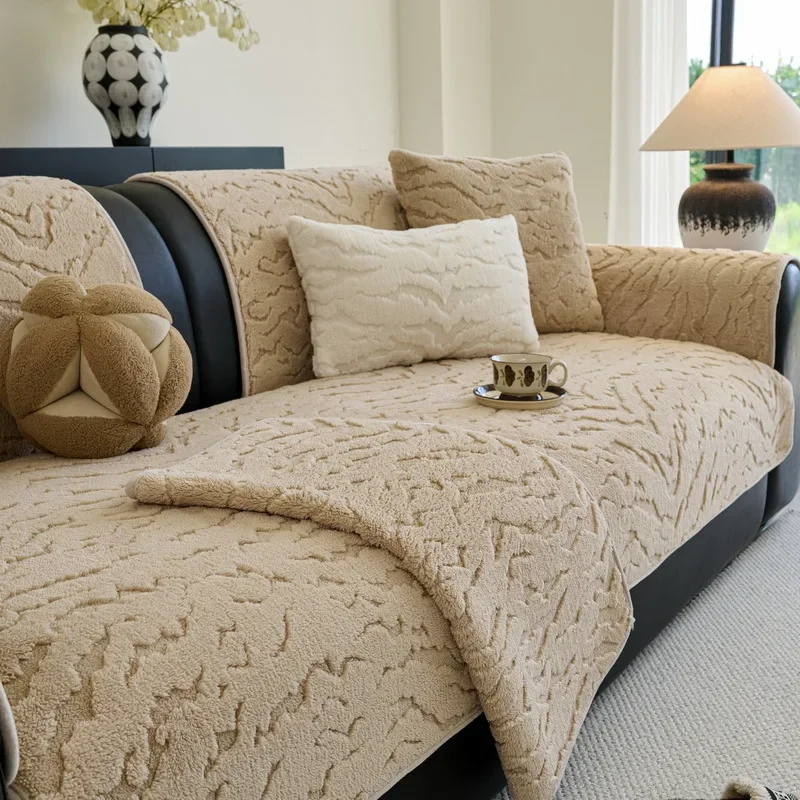 Plush Sofa Cover Jacquard Anti Pet Scratch Solid Color Non-Slip Dust-proof Couch Slipcover for Living Room Home Lounge Covers