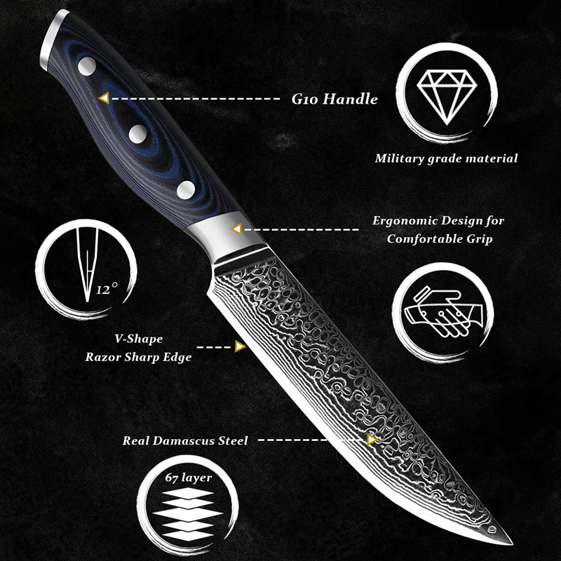 Damascus Steak Knife Chef Kitchen Tools VG10 Japanese Stainless Steel Utility Tomato Gadgets Blue G10 Handle Slicing Cutlery