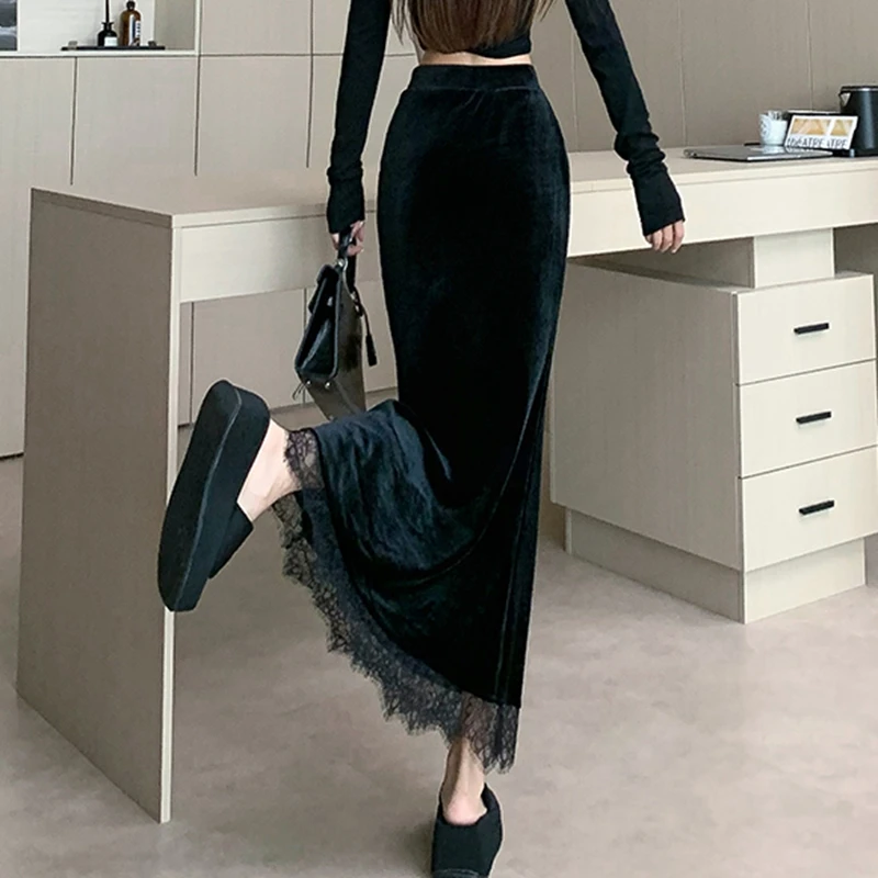 Faldas largas elegantes de terciopelo negro para mujer, ropa Y2k de encaje de cintura alta, ropa de calle coreana, falda de longitud media para mujer