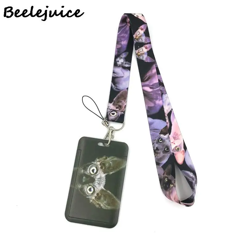 Animal Hairless Sphynx Cats Horizontal Lanyard Credit Card ID Holder Bag Student Women Card Cover Badge Car Keychain Decorations