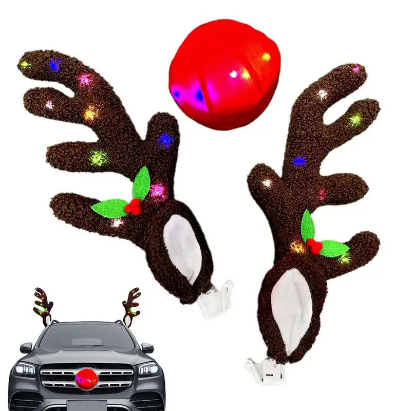 Car Christmas Reindeer Antler Decorations Cute Car Reindeer Antlers & Nose Kit Creative LED Reindeer Car Kit For Christmas Gifts