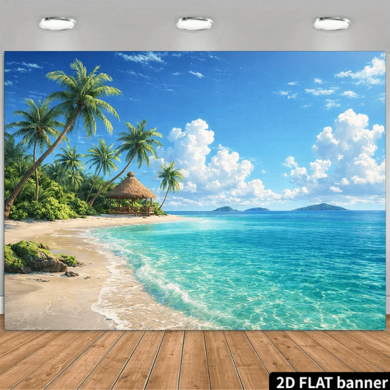 2D planarer Hintergrundstoff mit Strandlandschaftsmotiv. Das Bild zeigt einen friedlichen weißen Sandstrand mit üppigen Bäumen.