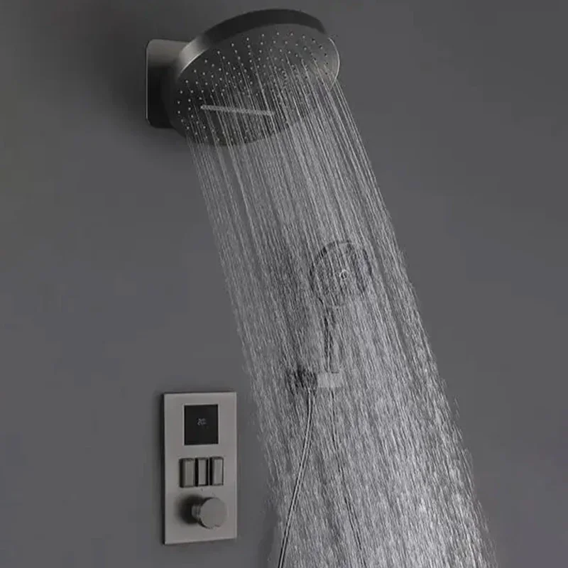 High End Wall Mounted Gun Gray All Copper Brass shower head Concealed  system Hidden Rainfall Round Shower Set bathroom