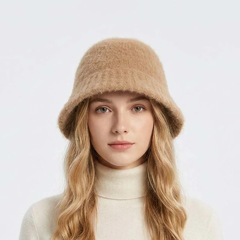 Alpaca Blend Knit Bucket Hat Soft Fuzzy Winter Beanie Warm Cloche Hat for Women
