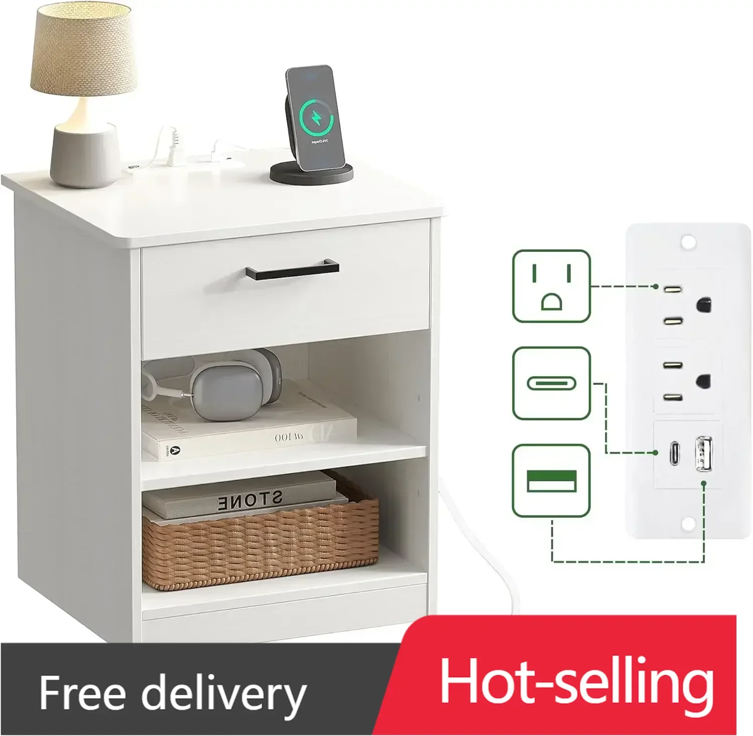 

Everyday Side Table with Fast Charging Station - USB C Cable Fast Charging, Wooden White Nightstand Bedside Table with Drawer
