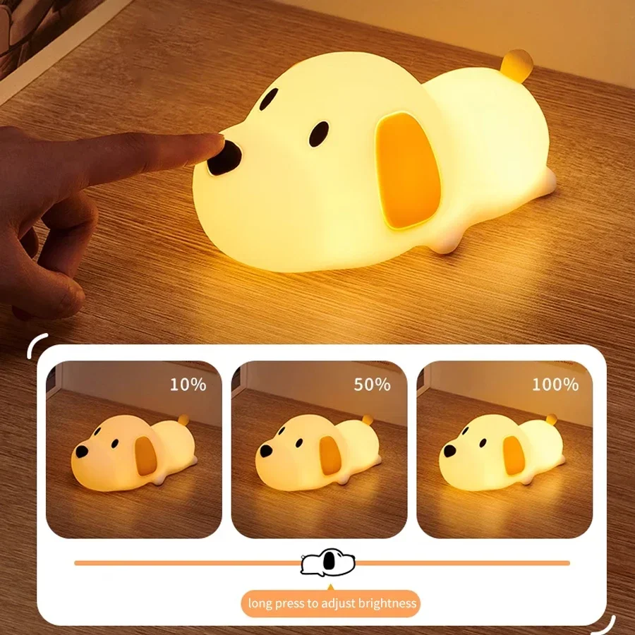 Cão bonito LED Night Light, USB Recarregável, Lâmpada de Silicone, Toque, Natal, Birthday Gift, Quarto, Decoração do quarto