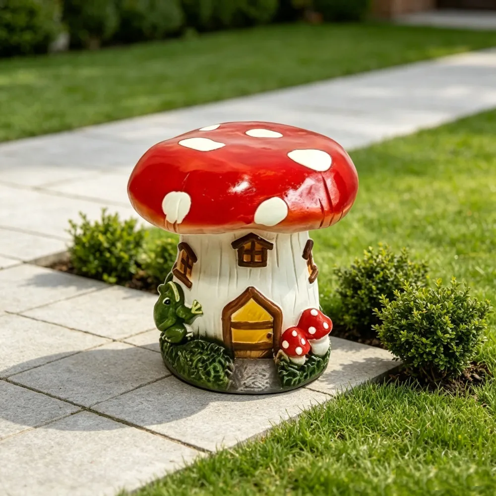 l13.4" Mushroom House Garden Stool, Oversized Resin Sculpture & Fairy Forest Base, Decorative Stool for Home, Courtyard, Lawn, Indoor & Outdoor Spring & Summer Decoration view 7
