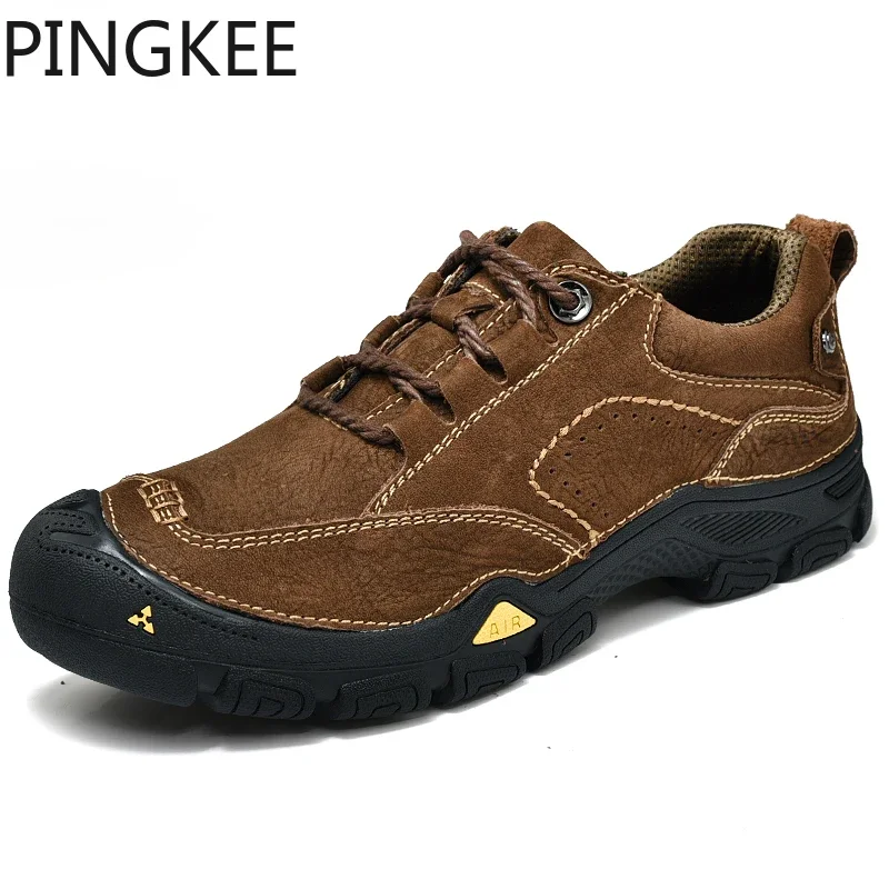 

PINGKEE Full Grain Cow Leather Upper Men Casual Shoes Trail Trekking Backpacking Sneakers For Men's Winter Light Hiking Boots