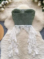 SINGREINY Lace Splice Denim Tops Female Strapless Sleeveless Elastic Slim Fit Camsiole Summer Streetwear Irregular Tank Tops - Image 5