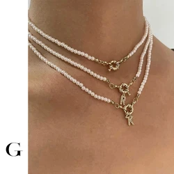 GHIDBK Delicate Sparkly Zircon A-Z Alphabet Initial Necklace Gold Color Toggle Clasp Shell Pearls Choker For Women