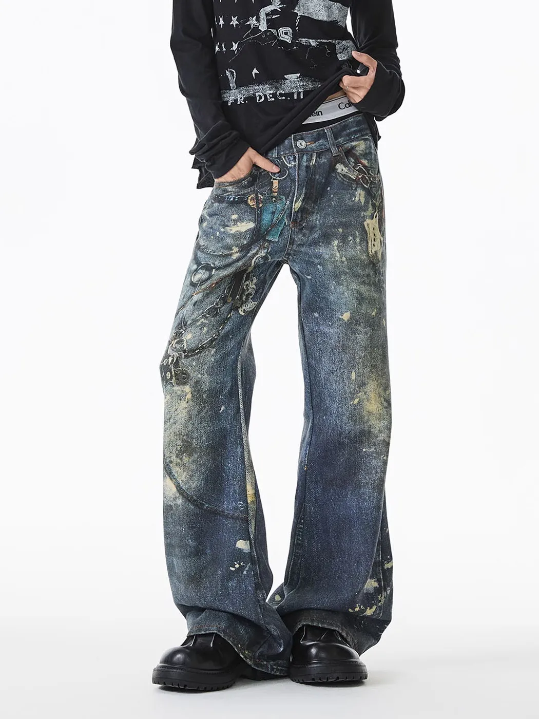 

3D цифровой брелок с принтом, микро расклешенные джинсы, мужские летние новые уникальные дизайнерские крутые длинные брюки, модный хлопок, полиэстер...