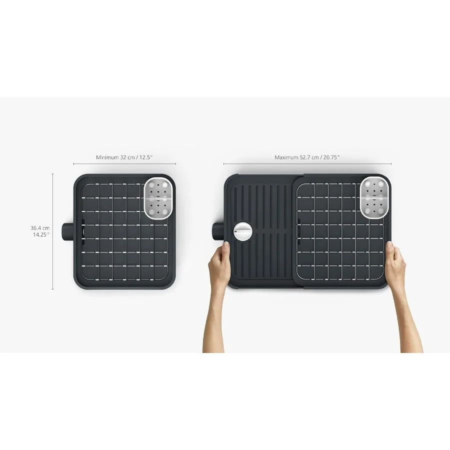 رف تجفيف الأطباق قابل للتمديد مع أجزاء مزدوجة قابلة للتوسيع، غير قابلة للخدش، مصفاة أدوات فضية متحركة وصنبور تصريف، رمادي