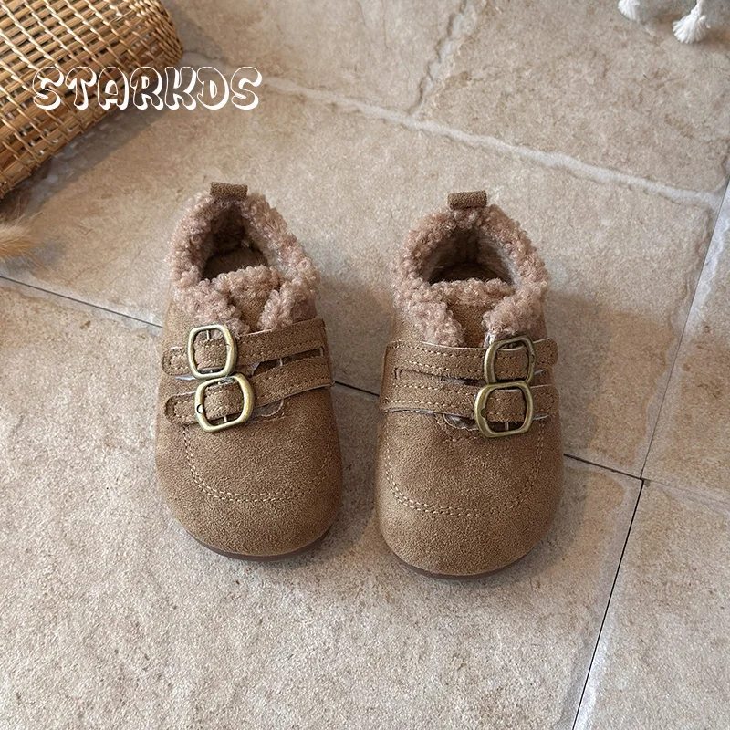Thick Fur Loafers Kid Girls Winter Warm Plush Short Boots Baby Child Buckle Strap Lambswool Slip-on Flat Snow Shoes