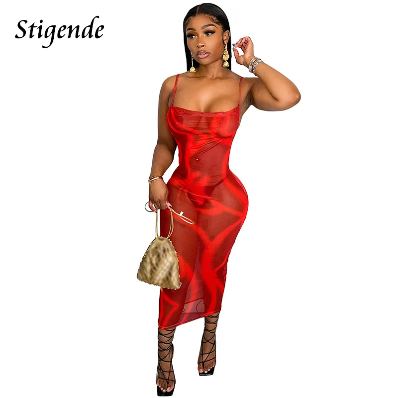 Stigende Abito da donna sexy trasparente in rete Abito da festa sexy trasparente con cinturino per spaghetti Abito da club senza schienale con stampa di moda