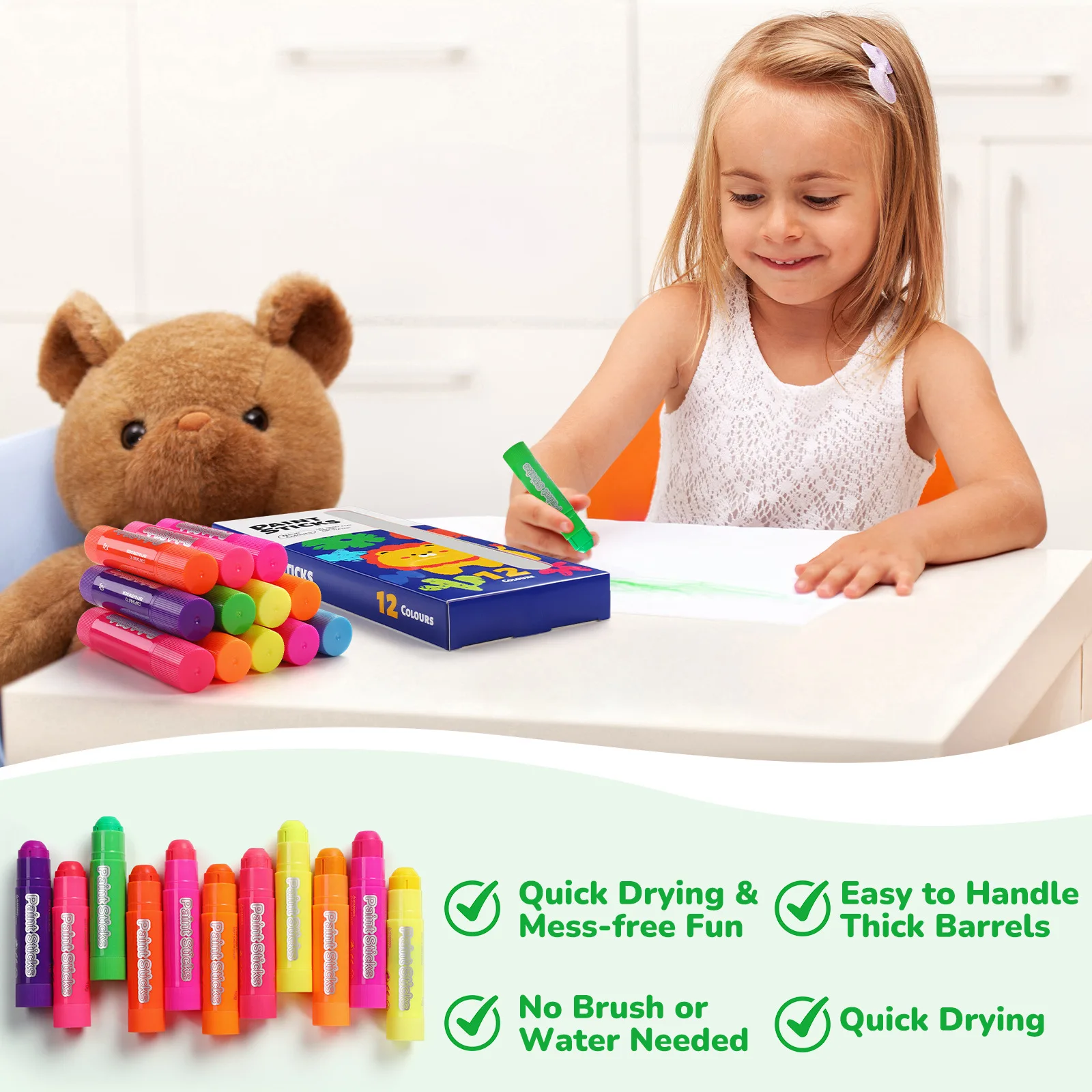 Neon Paint Sticks Set 12Pcs Non-Toxic Washable Graffiti Crayons for Toddlers DIY Crafts School Art Projects Easy to Clean