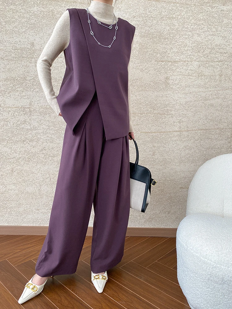 [EAM] Big Size Irregular Vest Wide Leg Pants Two Piece Suit New Round Neck Sleeveless Women Fashion Tide Spring Autumn 2024 00