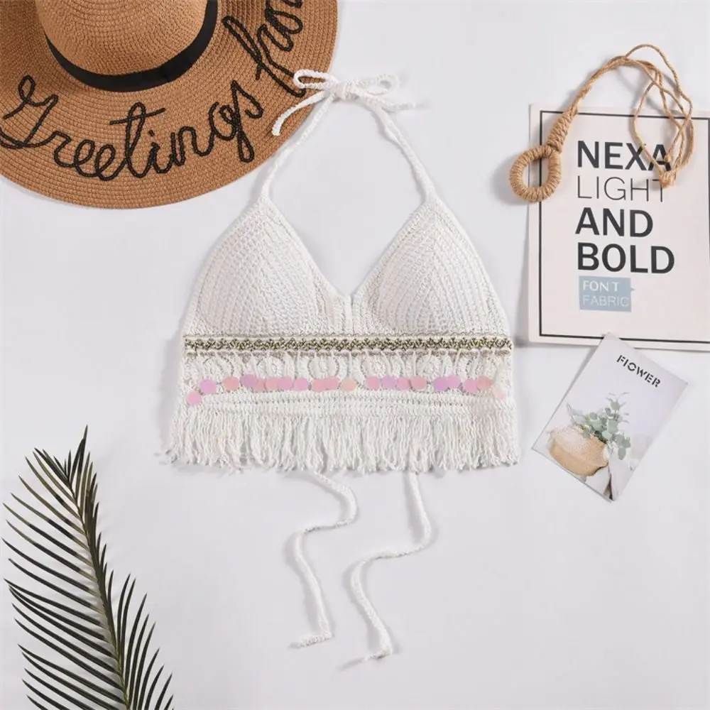 Summer Beach Short Tank Top Sweet Hollow Out Embroidery Halter Top Tassel Women Underwear