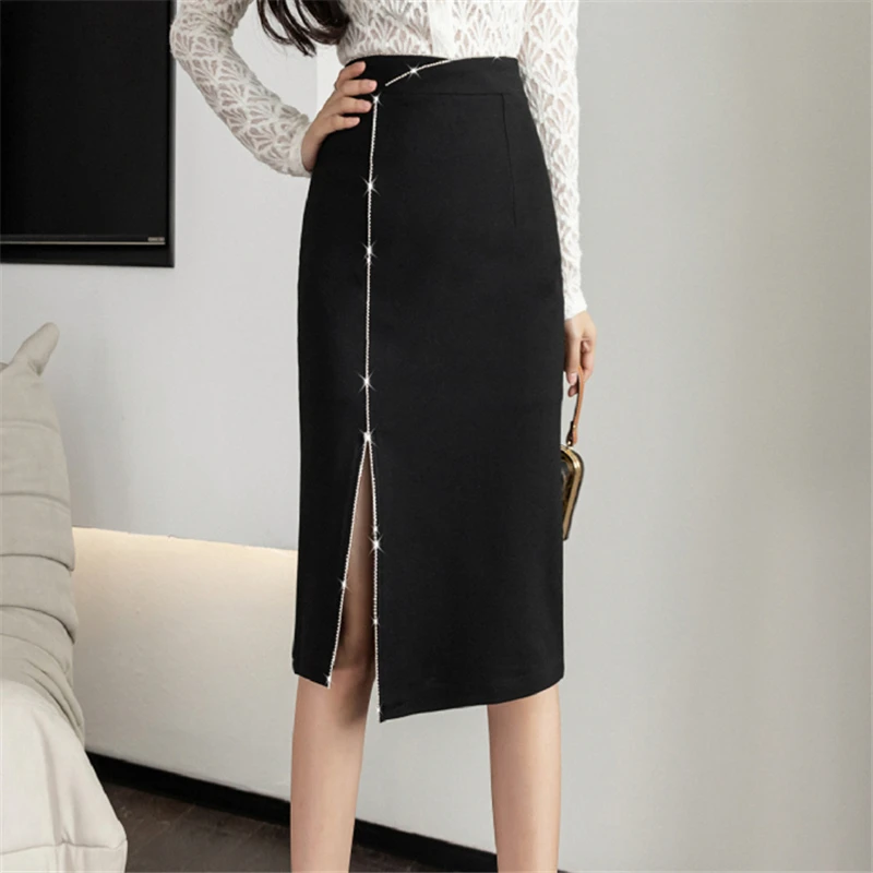 Seoulish 2024 New Elegant Irregular Diamond Women\'s Wrap Skirts Black High Waist Front Split Sheath Pencil Office Skirts Female