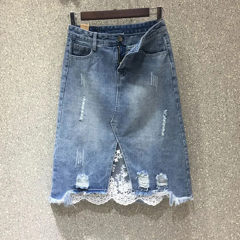 Elegant Lace Patchwork Denim Skirt Woman 2023 Summer Hole Raw Edge Split Design Mini Skirts Women Korean High Waist A-Line Skirt