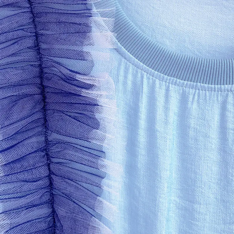 Chique vrouw mesh gesplitste ruches randen T-shirts gaas patchwork geplooide lotus pluizige taart rok zoom nep tweedelige bandjes jurk