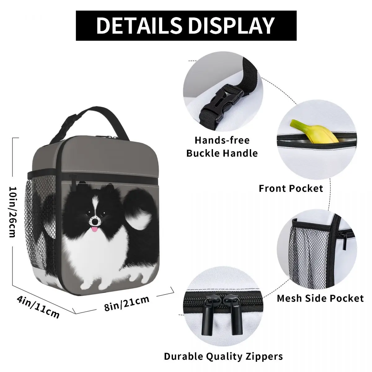 Black And White Parti Pomeranian Fluffy Dog Insulated Lunch Bag Cooler Thermal Food Box Tote Portable Lunch Boxes Container