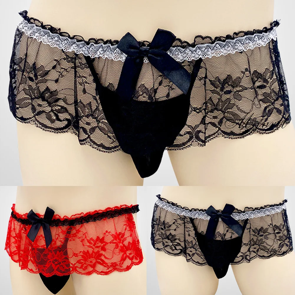 For Everyday Fashion Mens Thongs Lace Pouch Bulge Pouch Casual Style Low Rise Ruffle Design Slight Stretch Solid Pattern