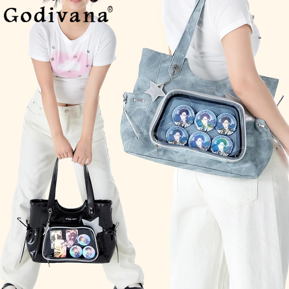 Sweet Fashion Large Capacity Commuter Transparent Fashionable Itabag Black Cute Versatile Shoulder Bag PU JK Handbags