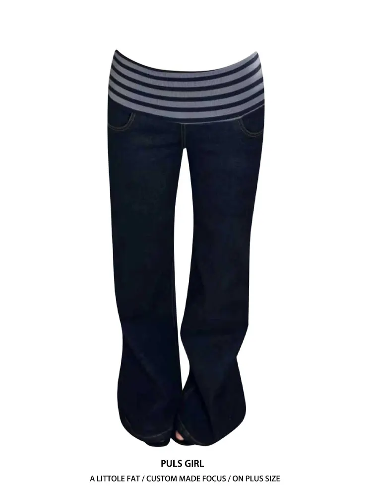 

plus Size American Retro Washed Striped Waist Patchwork Micro Flared Jeans Women's Slimming Drapey Long Pants Casual Style