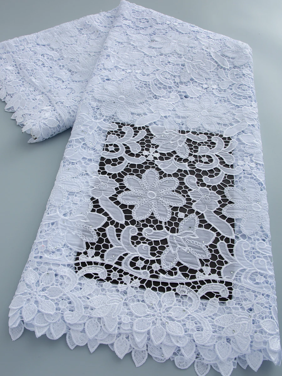 

African Sequins Guipure Cord Lace Fabrics 5 Yards White 2026 New Nigerian Water Soluble Lace For Women Dresses Sewing 4870