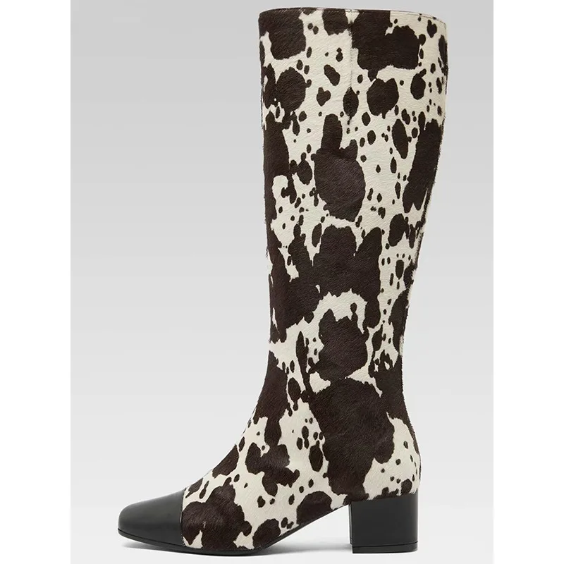 Women's Cow Print Calf Hair Knee High Boots Fashionable Pointed Toe Boots Black Leather Toe and Heel, Stylish and Unique Boots
