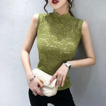 여성용 꽃 레이스 탄성 티셔츠 조끼, S-XL 레드 블랙 화이트 블라우스, 로즈 레이스 터틀넥 민소매 소녀 보터밍 탱크