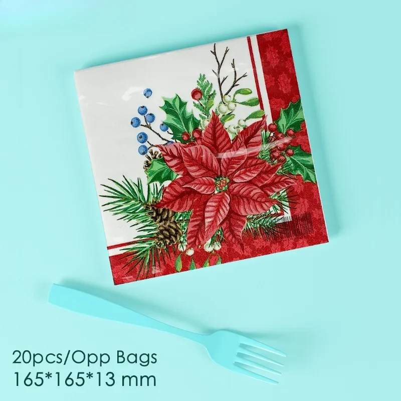 حفلة عيد الميلاد ورق تزيين زهرة عيد الميلاد الأبيض أسفل منديل فراشة بارت ورقة كأس للنبيذ زهرة طبق عشاء منديل