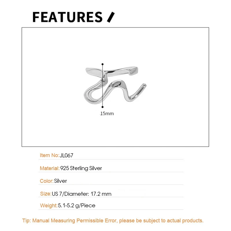 F.I.N.S Minimalist Layered Glossy 100% S925 Sterling Silver Open Adjustable Ring Curved Lines Index Finger Rings for Women Men