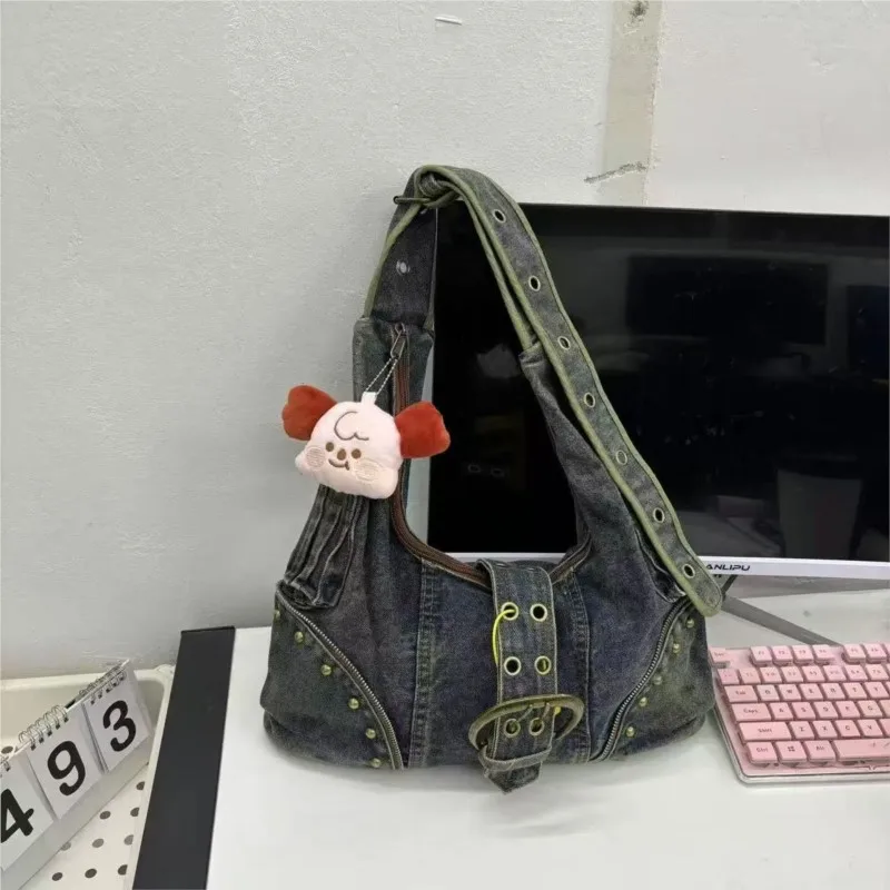 

JIAERDI Vintage Washed Denim Tote Bag Women Hot Girl Large Capacity Rivet Shoulder Bag Ladies Y2k Wide Strap Crossbody Bag 2025