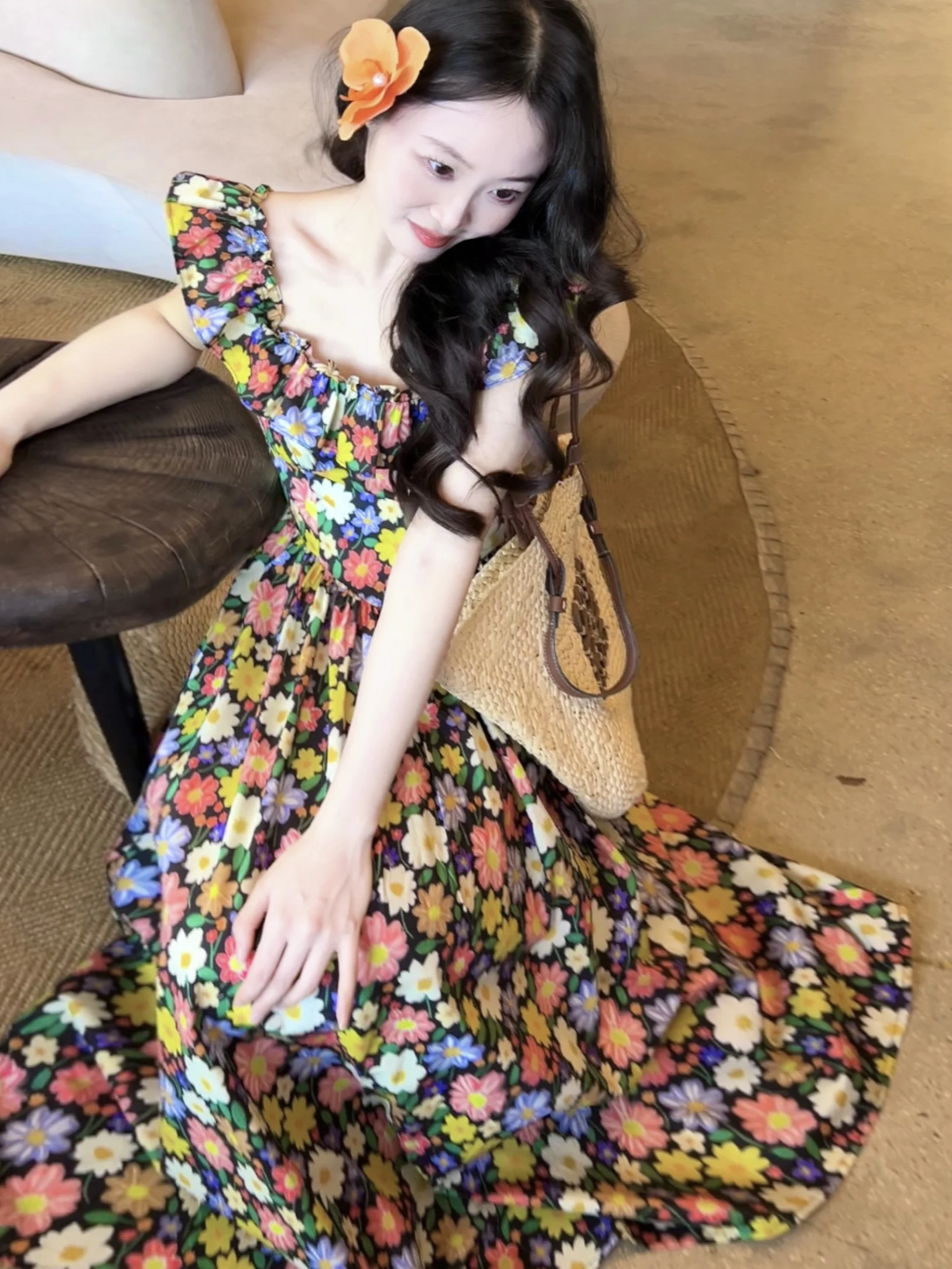 

Black Floral Print Maxi Dress Square Neck Summer Holiday Style Slimming Fairy Skirt Cotton Gauze Material A-Line Silhouette