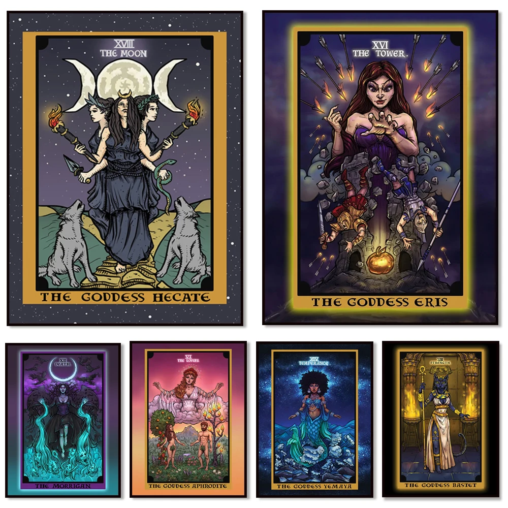 Goddess Hecate in the moon, justice, strength tarot card, Eristala card, Venus art, Greek mythology decoration poster print