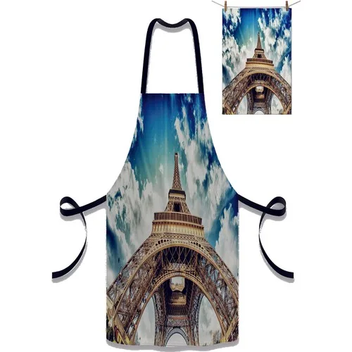 Else Carpet Else Blue Cloud Eiffel Tower Pattern Fabric Chef Dish Kitchen Apron and Towel