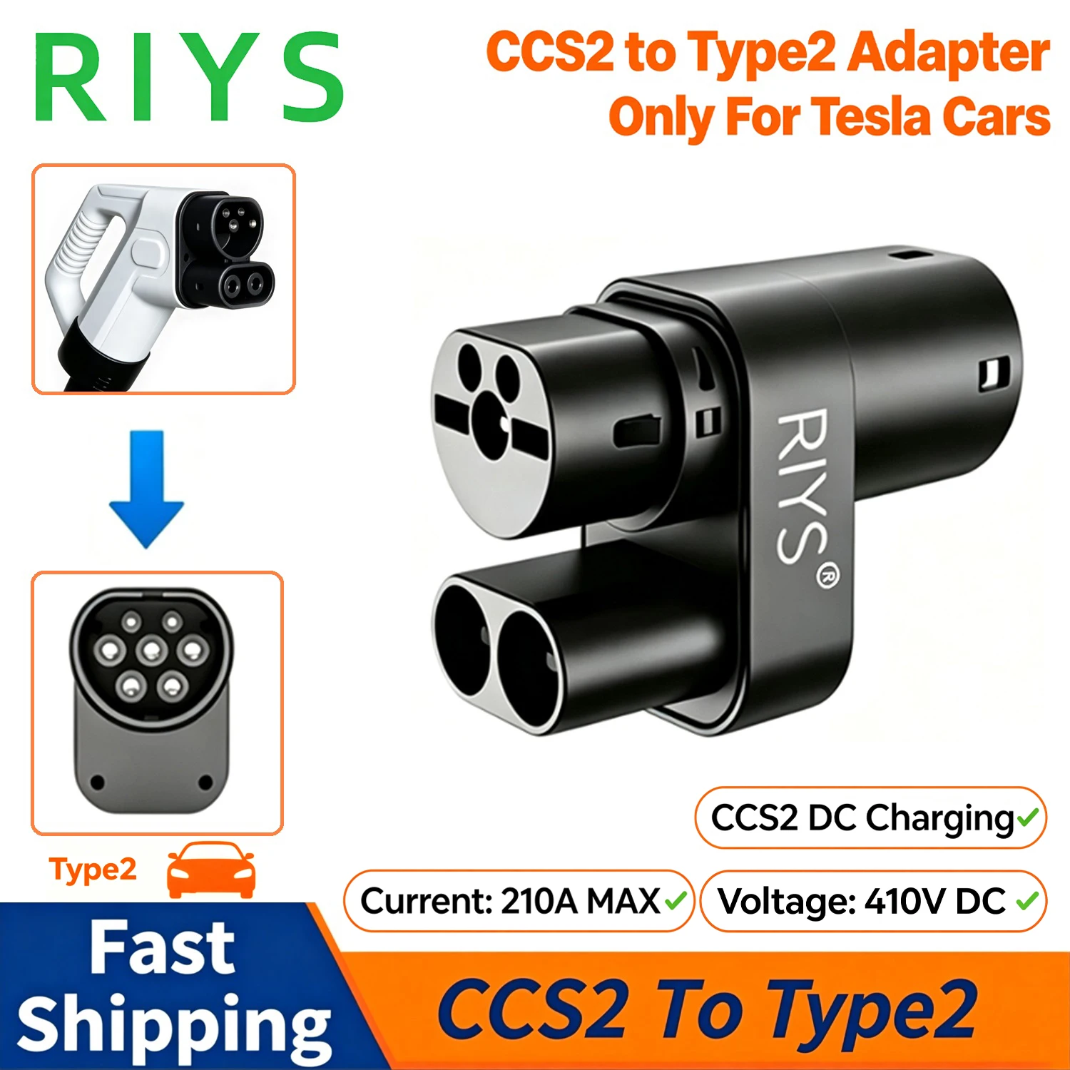RIYS CCS2 to Type2 Tesla EV Charging Adapter Convertor CCS Combo 2 EV Charging Compatible with Model S/X Electric Vehicle