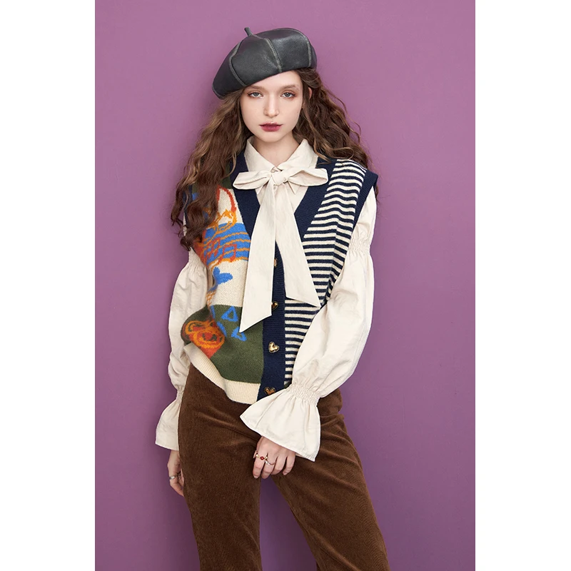 ELFSACK Sleeveless V-Neck Knit Vest with Striped & Art Print, Colorblock Button Cardigan Top for Casual Wear