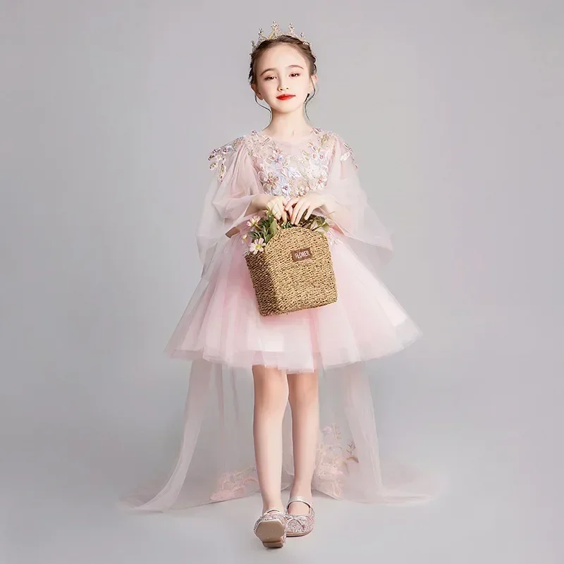 Girl host trailing princess flower girl fluffy children's wedding  runway show evening dress, piano performa