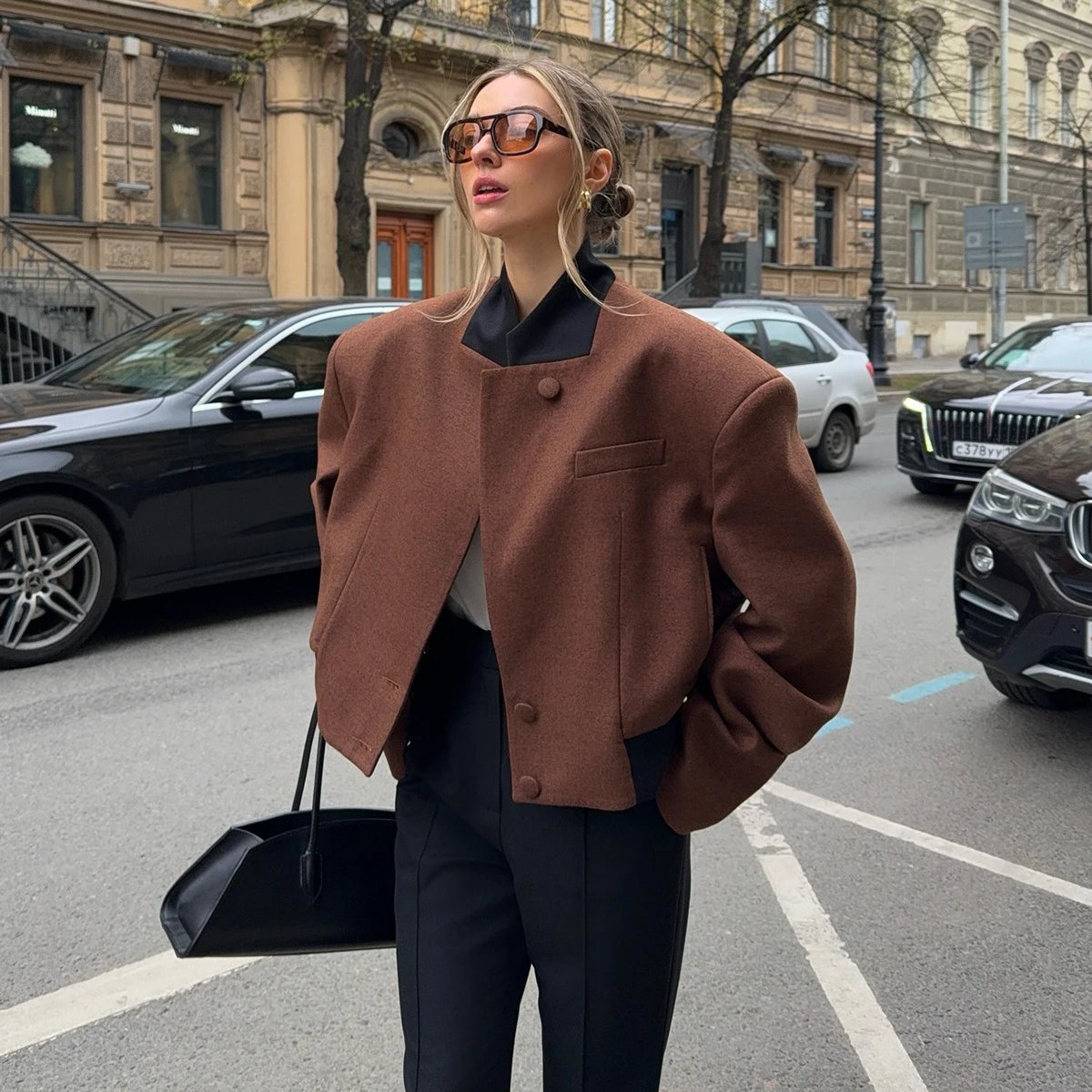 

Shoulder Pad Color Block Jacket Women Autumn Winter Clothes Fashion Trench Coat Tops Outfit Lady Casual Bomber Jacket Outerwear