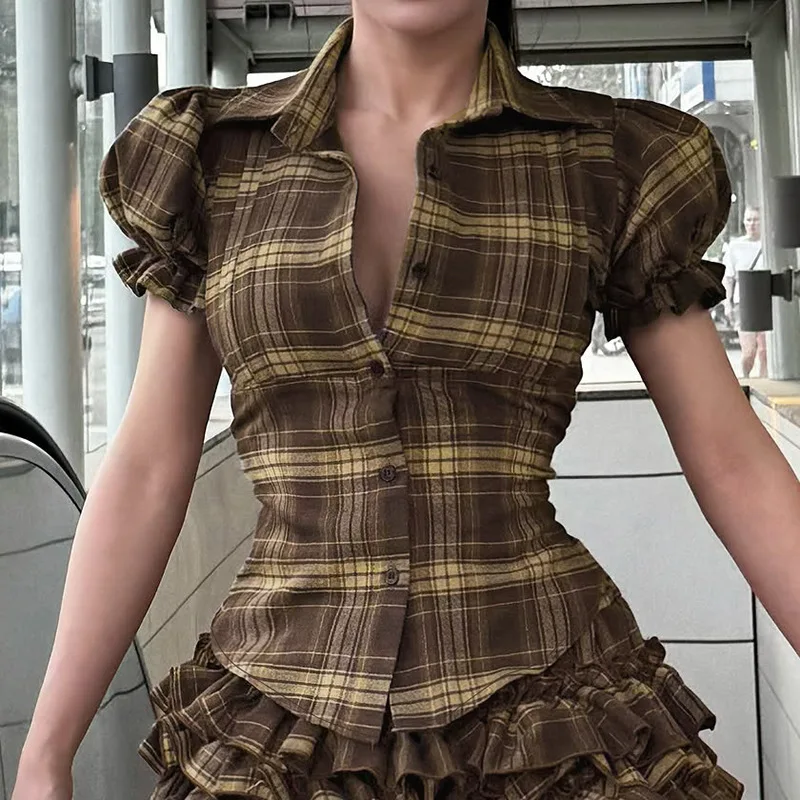European And  CrossBorder Plaid Bubble Sleeve Short Top with Pleated Waist And Color Block Design Versatile Short Sleeve Shirt