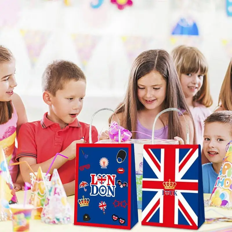 12pcs Union Jack Paper Gift Bags Portable British Bags Multipurpose UK Hand Sack Kids Birthday Party Baby Shower Wedding Sweets