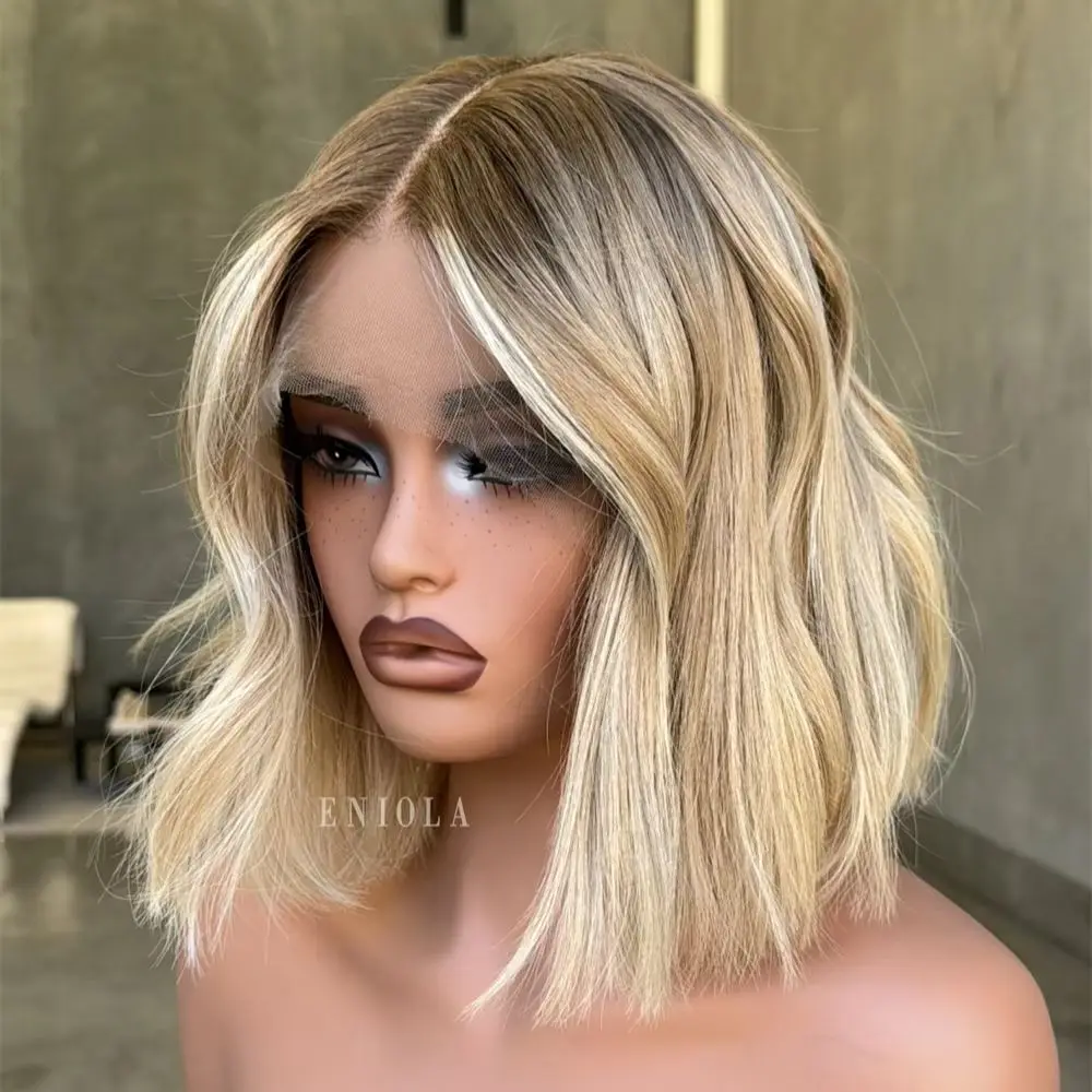 

Glueless Preplucked Hairline 13x4 Free Part Ombre Golden Blonde Women Wig Synthetic Soft HD Lace Frontal Wig Short Wave Bob 12''