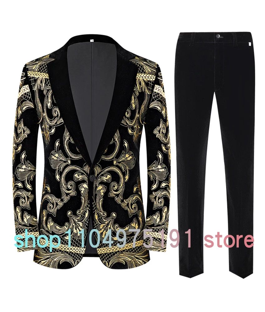 Men's black and gold embroidered velvet suit jacket, slim-fit little tuxedo party singer performance outfit. Celebrity Gowns