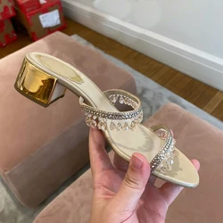 2024 Women's Summer New Rhinestone Strap Sandals Block Heel Crystal Open Toe Sandals Mid Heel